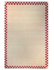 Chequerboarder rug in Plaster pink and toffee tones with jammy red border.