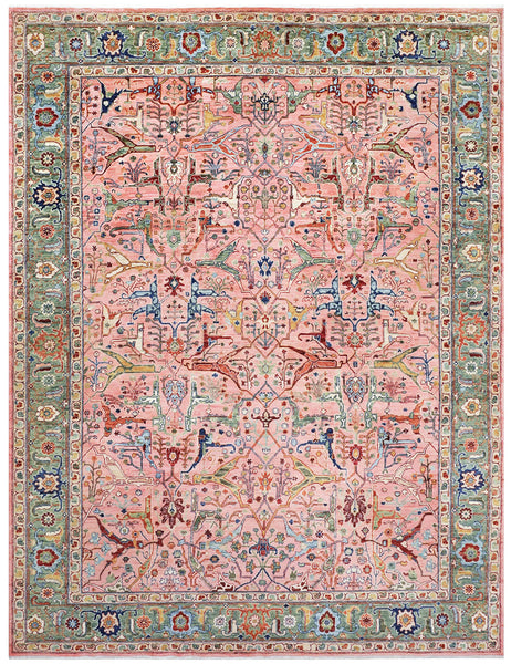 Karakul Rug in rose and green | 364cm x 278cm | Large Handmade Rugs | Emma Mellor Rugs