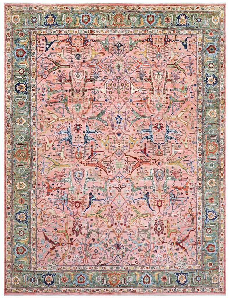 Karakul Rug in rose and green | 364cm x 278cm | Large Handmade Rugs | Emma Mellor Rugs