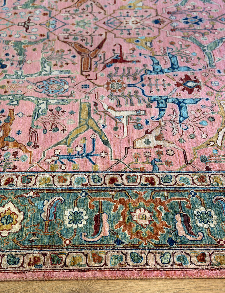 Karakul Rug in rose and green | 364cm x 278cm | Large Handmade Rugs | Emma Mellor Rugs