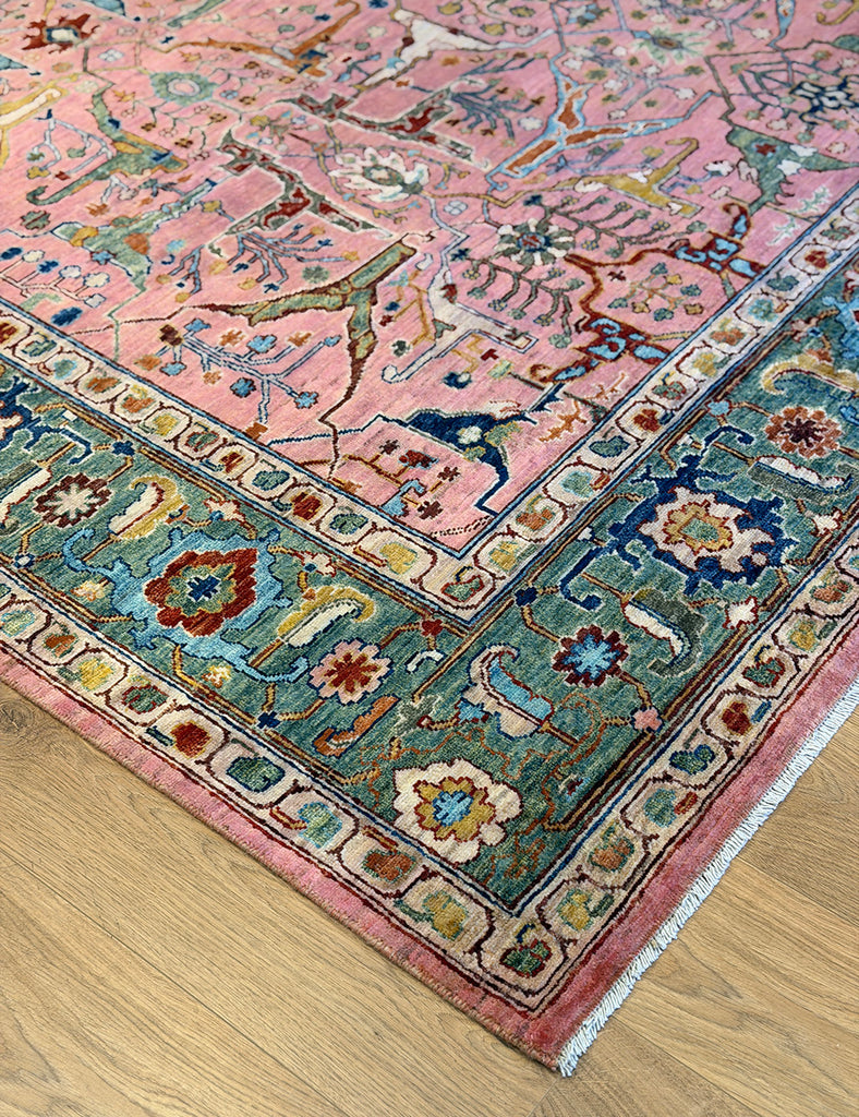 Karakul Rug in rose and green | 364cm x 278cm | Large Handmade Rugs | Emma Mellor Rugs