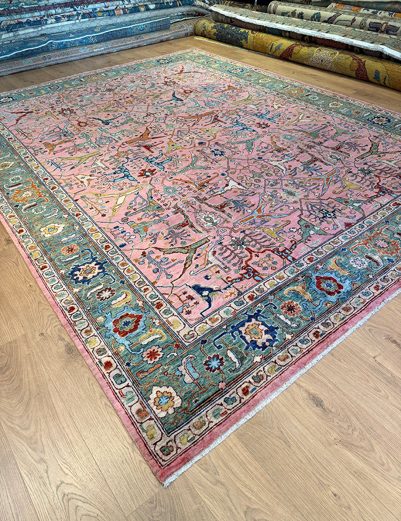 Karakul Rug in rose and green | 364cm x 278cm | Large Handmade Rugs | Emma Mellor Rugs
