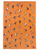 An orange woven SUZANI rug featuring a repeating pattern of stylised birds in various colours including blue, red, yellow, black, and white.